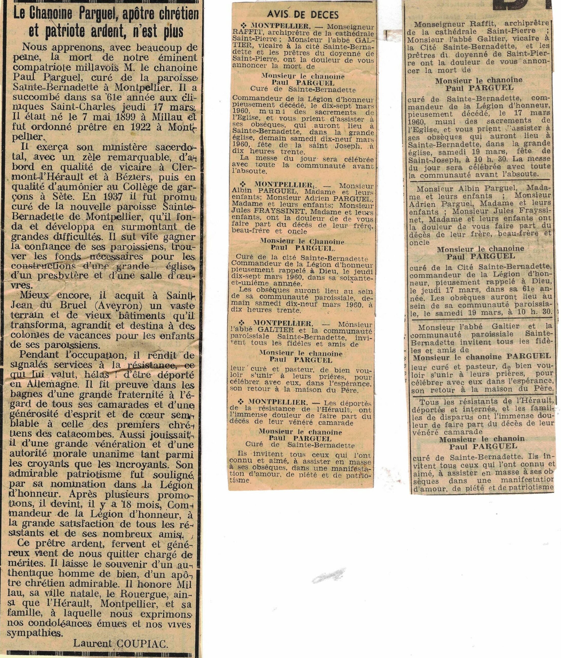 1960 presse déces P parguel avis
