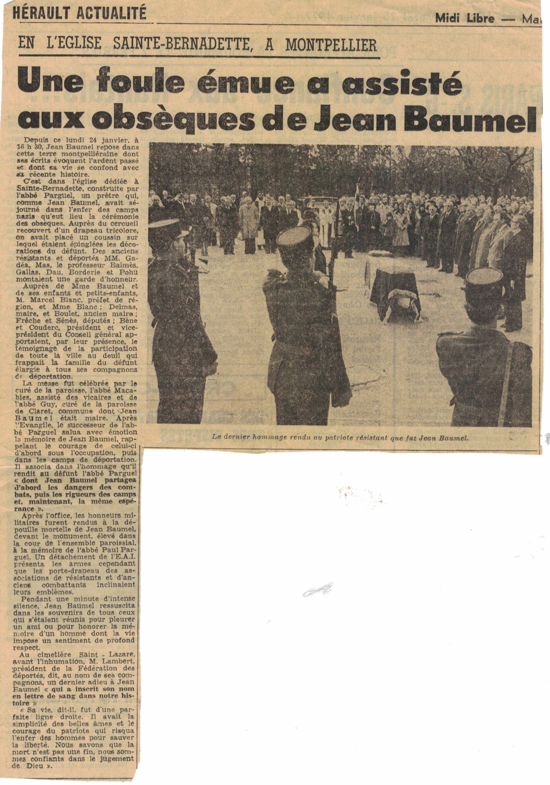 25 janvier 1977 Obsèques de Jean Baumel à Ste Ber article de Midi Libre